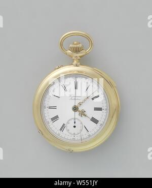 Montre de précision avec chronomètre, mécanisme de répétition et lecture de travailler, Golden men's Watch, chronomètre et également équipé d'un travail de lecture. Le cadran a une deuxième main et un chronomètre la main. Sur l'extérieur du plancher arrière, l'HvB monogramme est appliqué sur un sol à l'ombre en relief., Firma Gédéon Ducommun, Genève, ch. 1884, l'or (métal), h 1,6 cm × 5,5 cm d Banque D'Images