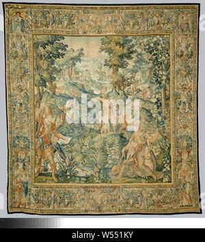 Les paysans Lyciens Latona et tapisserie à l'histoire de Latona et les paysans Lyciens, de la série l'histoire de Diana Diana (titre de la série), la tapisserie avec les paysans Lyciens qui refusent l'eau Latona, signé FRANCISCVS SPIRINGIVS Poeteriesen, de la série van Diana, par Frans Spierings, changé les agriculteurs de Lycie en grenouilles : changements Latona agriculteurs lycienne en grenouilles, parce que pendant qu'ils étaient un désherbage marsh, ils empêchent leurs enfants d'étancher leur soif (Ovide, Métamorphoses VI 369), François Spiering (atelier de), Delft, ch. 1593 - c. 1610, ketting, inslag, tapisserie, h 355 cm Banque D'Images