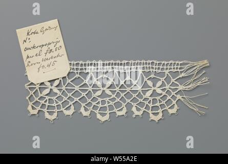 Bande de dentelle avec un réseau à quatre feuilles de tresses formant un demi-cercle de pétoncle, Bande de couleur naturelle : La dentelle dentelle de Cluny. Le motif répétitif est constitué d'un demi-cercle scallop faite avec un réseau ouvert de tresses, avec une croix de quatre feuilles faites de la forme dans un cercle au centre. Il y a trois lobes en forme de croissant sous chaque coquille. Haut de la séquence est terminée tout droit avec une bande avec un réseau carré. Sur la bande d'une étiquette en papier est cousue avec le texte manuscrit : 'Kota Gadang Pas de prix de vente par employé salaire f0.50 f0,45'., anonyme, Kota Gadang, ch. 1917, , Banque D'Images