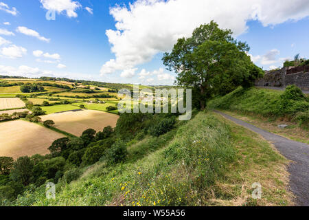 Vue d'été de Castle Hill, sentier Vue surplombant la vallée de Torridge, Taddiport et champs, Great Torrington, Devon, Angleterre. Banque D'Images