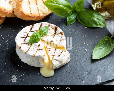 Le camembert grill ,sur fond noir en noir Banque D'Images