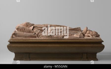 William I, Prince d'Orange, situé dans la région de Willem van Oranje (1533-1584) sur son lit de flottement, modèle pour la figure du flotteur dans la Nieuwe Kerk à Delft. Le prince est complètement habillé avec la tête et les épaules sur deux gros coussins, il a fermé ses yeux. Les bras se trouvent le long de son corps mou, les deux pieds posés contre le dos de son chien. Il porte un bonnet, col et d'un justaucorps et des courts-circuits. Plus c'est une bordée de fourrure ouvert par onglets, couverte de boutons en haut du bas vers le bas, et avec de longues manches trois-pièces séparées par deux. À partir de la partie supérieure du manchon, Banque D'Images