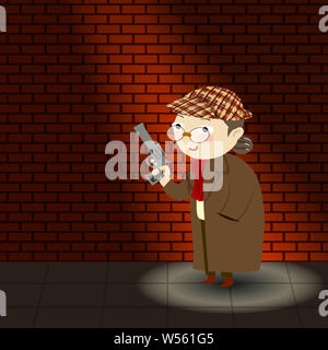 Vieille dame s'habiller en costume de détective holding pistol debout dans le coin d'immeuble sombre. vector illustration Banque D'Images