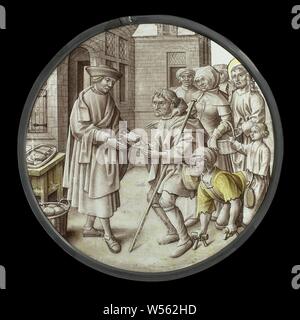 La faim La faim les œuvres de miséricorde (titre de la série), des vitraux avec la représentation de la distribution de la nourriture aux affamés. Debout devant sa maison, le bienfaiteur, chaudement vêtu d'un manteau à manches garni de fourrure, distribue de la nourriture à un groupe de personnes qui ont faim. À droite dans le groupe, un peu en arrière-plan, le Christ fait un geste de bénédiction, nourrir les affamés, 'esuriens cibatur', l'un des (sept) actes de miséricorde - VV - le Christ présent, estropié, anonyme, Leiden (éventuellement), ch. 1510 - c. 1520, verre, tache argentée, d 23,9 cm × t 0,7 cm Banque D'Images