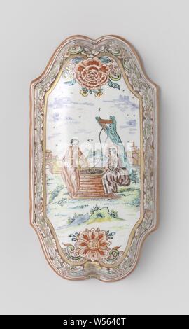 Pinceau brosse Brush, retour en arrière, de forme allongée et lobées sur les deux côtés, multi-couleur avec le Christ et la samaritaine, le Christ et la femme de Samarie : assis au puits de Jacob, anonyme, Delft, c. 1730 - c. 1760 W, 16 cm Banque D'Images