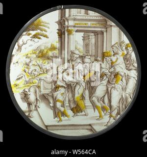 Saint Jean Baptiste dans le désert le départ de Jean le Baptiste dans le désert, des vitraux avec représentation des le départ de Jean le Baptiste au désert. Au premier plan, au milieu, est décrit comment John dit au revoir à ses parents, Zacharie et Elisabeth, de prendre leur retraite au désert. Sur sa hanche se bloque une corne, symbole de la puissance du salut de l'Éternel. Quelques femmes et hommes regarder sur la gauche. La scène se passe sur une élévation à l'avant d'un bâtiment de style Renaissance. Dans l'arrière-plan sur la droite Johannes est assis seul sur un rocher dans le désert Banque D'Images