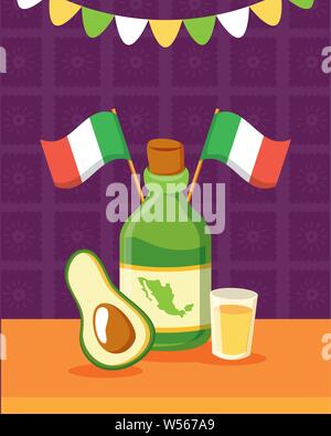 Bouteille de tequila célébration avocat viva mexico Illustration de Vecteur