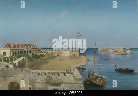 L'entrée du port de Willemstad avec le Palais du Gouvernement, la peinture montre l'entrée du port de Willemstad (le début de la Sint Anna Bay), vus de l'hôtel de ville de trois étages annexe entrepôt, situé à l'angle de la Handelskade et l'Breedestraat. Sur la gauche, entre deux bastions du Fort Amsterdam, est la maison du gouvernement, la résidence du gouverneur. Jusqu'en 1861 c'était aussi le lieu de réunion du Conseil Colonial et d'autres collèges. Au milieu de la Chambre du gouvernement est la porte qui donne accès au Fort Amsterdam. Au milieu de l'arrière-plan vous pouvez voir Banque D'Images