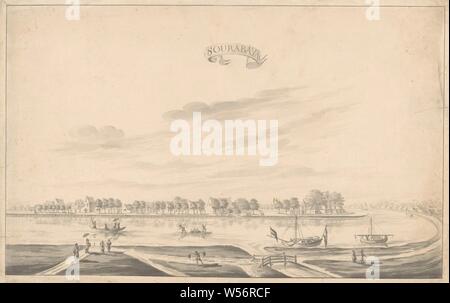 Avis de Surabaya, Sourabaya (titre sur l'objet), vue sur les maisons de Surabaya sur le Kali Mas. Route le long d'une rivière avec des personnages différents. Trois bateaux et un radeau sur la rivière. Un bateau avec pavillon néerlandais amarré. De l'autre côté de la rue des arbres et des maisons, des paysages dans les régions tropicales et sub-tropicales, rivière (paysage avec figures, staffage), Java, Bali, Kali Mas, A. de Nelly (peut-être), 1762 - 1783, papier, encre, pinceau, h 320 mm × W 492 mm Banque D'Images