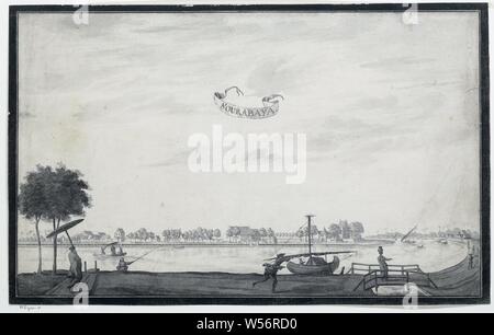 Sourabaya (titre sur l'objet), vue de Surabaya. Au premier plan, le long d'une rivière avec un pont au-dessus d'un côté de l'eau. En bas à gauche deux arbres et une figure avec un parasol. Quelques bateaux sur le fleuve et les maisons et les arbres de l'autre côté de la rue. Dans l'inscription de l'air dans des paysages, banderole en régions tropicales et sub-tropicales, rivière (paysage avec figures, staffage), Java, Bali, A. de Nelly (peut-être), 1750 - 1800, papier, encre, pinceau, h 31,5 cm × w 50,2 cm Banque D'Images