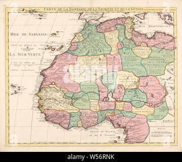 Carte de l'Afrique du Nord-Ouest Carte de la barbarie de la Nigritie et de la Guinée (titre sur l'objet), la carte du nord-ouest de l'Afrique, dans le nord de Tripoli au Gabon dans le sud, des cartes de pays ou régions, l'Afrique, Guillaume Delisle (mentionné sur l'objet), Amsterdam, 1757 - 1774, papier, gravure, H 49 cm × w 60,6 cm Banque D'Images