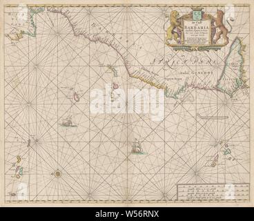 Carte passeport de la côte nord-ouest de l'Afrique, le Cust de Barbaria, Arguyn Geneheo Gualata, et Capo S. Vincent de Capo Verde (titre sur l'objet), la carte de la côte de la côte nord-ouest de l'Afrique du Maroc jusqu'à la Gambie avec l'hôtellerie et des îles du Cap Vert. Avec une rose des vents, le Nord est à gauche. Deux navires dans la mer. Inscription flanquée d'un lion et un léopard, au-dessus un blason couronné avec trois croissants. Bas à droite de l'échelle dans l'allemand, l'espagnol et le français ou l'anglais miles (env. 1 : 6 580 000), des cartes de pays ou régions, l'Afrique, îles du Cap Vert, Canaries Banque D'Images