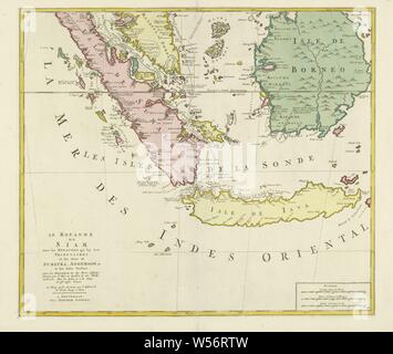 Carte du royaume de Siam (moitié inférieure), le Royaume de Siam, avec les royaumes qui lui sont tributaires et les îles de Sumatra, Andemaon, etc, et les Iles voisines (titre sur l'objet), la carte du royaume de Siam (Royaume d'Ayutthaya) et de ses états vassaux. Différents domaines colorés différemment. Représentés sont les îles de Sumatra, Java et Bornéo et partie de Malacca. Une ligne pointillée et une conduite normale qui indiquent la route du jésuite cartographes, envoyé par le roi, à travers la zone, du haut vers le centre. Bas à droite de l'échelle en français, allemand et de milles marins. Partie inférieure d'une carte de l'ensemble Banque D'Images