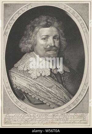 Portrait de Gaspard de Coligny, Portrait de Gaspard dans un ovale avec bordure lettrage. Dans le fond de quatre lignes, texte latin, Gaspard de Coligny (II), Willem Jacobsz. Delff (mentionné sur l'objet), Delft, 1631, papier, gravure, h 414 mm × W 292 mm Banque D'Images