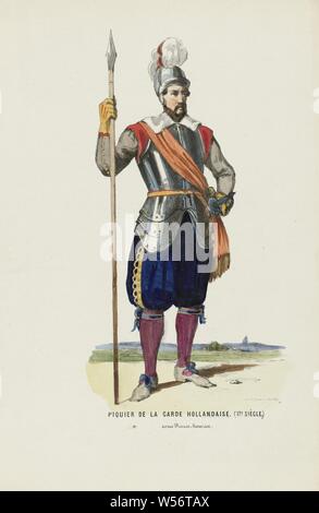 Piquier de la Garde Hollandaise. (17ème siècle) Sous le Prince Maurice (titre sur l'objet), l'homme en costume d'un piersier historique de la Dutch protection sous Prince Maurice, 17e siècle. Ajouté à la présentation de travaux de tôlerie sur le bal costumé tenu au Palais du Prince d'Orange (plus tard le roi William III) à La Haye le 26 février 1845, historiques, costumes, armes helved polearms (de frappe, hacking, poussant) : brochet, Elias Spanier (mentionné sur l'objet), La Haye, 1840 - 1850, papier, h 273 mm × W 180 mm Banque D'Images