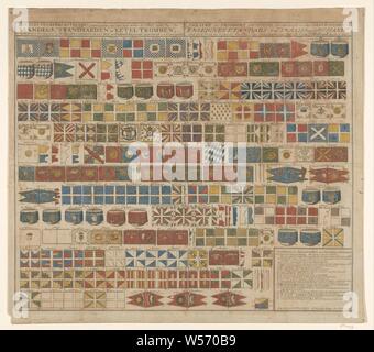 Des bannières, des normes et des timbales conquis par les Néerlandais pendant la guerre, 1713, la clé de la paix ajouté au très grand nombre de bannières, normes et électrique batterie, dans la dernière guerre conquis par les Hollandais, et pendu dans le Hof van Holland, comme un cadeau, dessiné dans le legers (titre sur l'objet), drapeau de couleur avec carte 175 drapeaux, vandels etc, titre ci-dessus en néerlandais (l) et en français (r), r.o . : L'explication des proverbes sur les bannières et les tiers'. Colorés en rouge, jaune, bleu, noir et vert. Titre : La clé de la paix série ajouté au très grand nombre de bannières, des normes, et électrique Batterie Banque D'Images