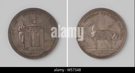 Naissance de Jacobus Frans Edouard, Prince de Galles, médaille d'argent. A l'avant : la vérité avec un halo de fleurs foule aux pieds un serpent et ouvre la porte d'un placard, dans lequel Jezuit jette une échelle avec un enfant avec une tasse et couronne sur elle, une approche de la flotte à l'arrière-plan dans un cercle. Inverse : Cheval de Troie d'une couverture avec inscription, brûlant dans l'arrière-plan à l'intérieur de Troy. inscription, Jacobus Frans Eduard Stuart (Prince de Galles), Jan Schmeltzing (I), Leiden, 1688, de l'argent (métal), frappant (métallurgie), d 5,9 cm × W 77,61 Banque D'Images