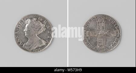 Anna, reine d'Angleterre, de l'argent battu shilling capturé dans la bataille navale de Vigo, avers : buste d'une femme dans une inscription. Inverse : autour de l'anglais star quatre couronnés d'armoiries dans un cercle de Vigo, Galice, Anna Stuart (Reine d'Angleterre et l'Ecosse), anonyme, 1703, l'Angleterre, de l'argent (métal), frappant (métallurgie), d 2,5 cm × W 5,87 Banque D'Images