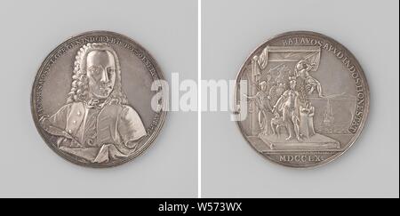 Jacob Mossel (1704-1761), Gouverneur général de la Dutch East Indies (1750-1761), Médaille d'argent. A l'avant : le buste de l'homme (Mossel) à l'intérieur d'une inscription. Inverse : l'homme (Mossel), Romain en vêtements, avec le personnel de commandement et de branche d'olivier à la main, trône sous le ciel avec le logo de COV et couronnés de lion couronné avec une épée et une flèche bundle, pour siège à armoiries (batavia) et à côté d'autel sur lequel le harnais de l'objet de princes indiens, sur la droite, le mercure des ascenseurs la toile du trône du ciel, de sorte qu'un navire sur la côte peut être vu dans l'arrière-plan, sur la gauche la justice avec des échelles et sceptre Banque D'Images