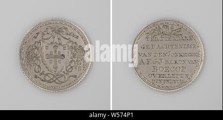 Décès du jeune homme Arend Jan Frederik Godert van Boecop, Baron, médaille d'argent. A l'avant : blason accroché sur le bandeau entouré de corde nouée et branches de saule pleureur. Inverse : en vertu de l'inscription sur un sablier ailé, deux faux, Arend Frederik Godert Jan baron Boecop, anonyme, Pays-Bas, 1811, de l'argent (métal), gravure, d 3,2 cm × W 114 Banque D'Images