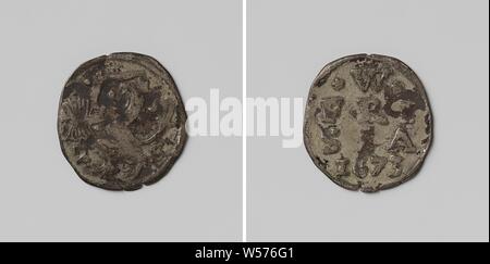 Penny double de la province de West-Friesland, avers : couronné, lion debout à gauche avec l'épée à droite et soulevé ensemble de sept flèches dans la griffe gauche, entre la valeur de mesure. Inverse : inscription au dessus de l'année, à l'ouest de la Frise, anonyme, West-Friesland, 1673, de l'argent (métal), frappant (métallurgie), d 2,2 cm × W 1,63 Banque D'Images