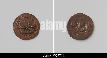 Médaille avec image de farmer's wagon, fait à partir d'un centime de la Zélande, médaille de cuivre. Avant : la ferme gauche chariot tiré par deux chevaux, sur panier : homme avec chapeau sur la tête et de whip en main dans pearl rim. Marche arrière : trois étoiles au-dessus de l'inscription et l'année au sein de bordure décorative, Zélande, anonyme, 1787, cuivre (métal), frappant (métallurgie), d 2,3 cm × W 2,67 Banque D'Images