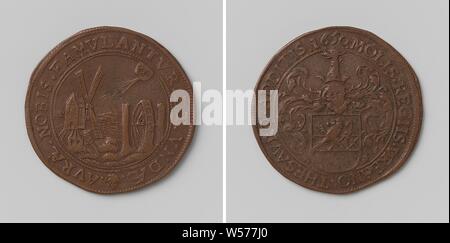 Le paiement de l'impôt royal sur les moulins dans le trésor de la ville de Bruxelles, calcul signe de Jean Vander Tommen, magistrat de la trésorerie de Bruxelles, le jeton de cuivre/ : moulin moulin à eau et à l'intérieur d'un cercle. Verso : armoiries casqué dans une circonférence, Bruxelles, Jean Vander Tommen, anonyme, Jan-1650, le cuivre (métal), frappant (métallurgie), d 3 cm × w 6.12 Banque D'Images