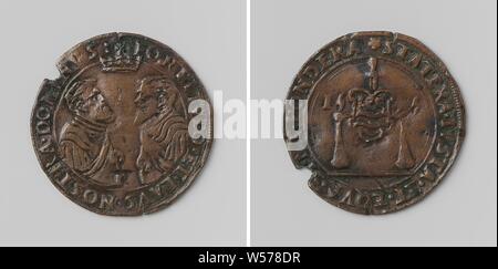 Charles V, l'empereur allemand, calcul jeton de la ville de Bruxelles, le jeton de cuivre avec le trou au milieu. A l'avant : man's pièce de poitrine avec l'intérieur d'inscription. Inverse : armoiries dans un cercle, Bruxelles, Charles V de Habsbourg (l'empereur allemand et Roi d'Espagne), anonyme, Anvers, 1556, cuivre (métal), frappant (métallurgie), d 2,8 cm × W 4,38 Banque D'Images