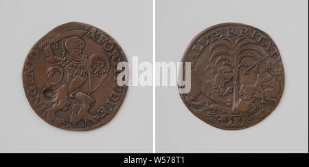 Le comportement courageux de la Dutch, médaille de cuivre. Avers : lion casqué à l'épée et bouclier avec monogramme XP à l'intérieur de l'inscription. Inverse : Rider avec la lance à la main, attaques lion qui se cache derrière des arbres au-dessus de palm avec cartouche à l'intérieur de l'année. inscription, anonyme, 1581, cuivre (métal), frappant (métallurgie), d 2,8 cm × W 3,78 Banque D'Images