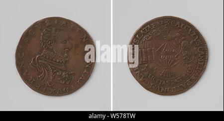 Inauguration d'Francois-Hercule, duc d'Anjou comme comte de Flandre à Gand, calcul jeton de la nouvelle Cour des comptes à Gand, médaille de cuivre. A l'avant : le buste de l'homme à l'intérieur de l'intérieur. Inverse : part du cloud est titulaire d'une bible attachés ensemble avec de la corde, flèche bundle, théière de thé et le corps avec de l'argent au-dessus de pennant avec l'inscription à l'intérieur, Gand, François-Hercule de Valois (duc d'Anjou), l'état d'esprit Cour des comptes à Gand, Belgique, anonyme, 1582, cuivre (métal), frappant (métallurgie), d 2,9 cm × W 5,64 Banque D'Images