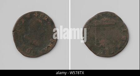 Inauguration d'Francois-Hercule, duc d'Anjou, comme Comte de Flandre à Gand, médaille de cuivre. A l'avant : le buste de l'homme à l'intérieur de l'intérieur. Inverse : blason couronné dans un cercle, Flandre, François-Hercule de Valois (duc d'Anjou), anonyme, Gand, 1582, cuivre (métal), frappant (métallurgie), d 2,5 cm × W 5,35 Banque D'Images