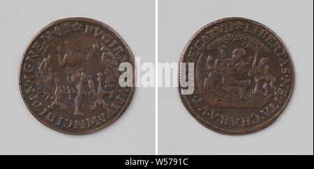 Avertissement pour l'allégorique de fiabilité des alliés anglais, médaille de cuivre. Avers : homme qui s'échappe de la fumée et se termine dans le feu à l'intérieur de la couverture. Inverse : monkey boy avec une inscription à l'intérieur, anonyme, Dordrecht, 1586, cuivre (métal), frappant (métallurgie), d 3,1 cm × W 4,73 Banque D'Images
