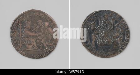 English aide aux rebelles, médaille d'argent. Avers : femme assise, représentant Elisabeth, Reine d'Angleterre, donne des roses à deux envoyés spéciaux de l'État au sein d'un cercle. Inverse : femme assise, épée à deux mains s'agenouillant membres envoyés, à gauche : homme avec livre ouvert à l'intérieur d'un couvercle, cut off : année, Elizabeth I Tudor (Reine d'Angleterre), anonyme, Dordrecht, 1586, de l'argent (métal), frappant (métallurgie), d 2,8 cm × W 5,65 Banque D'Images