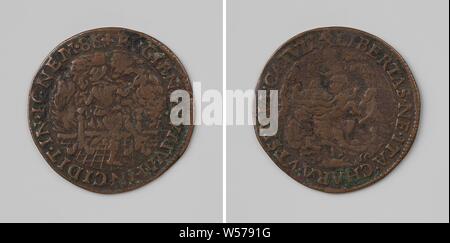Avertissement pour l'allégorique de fiabilité des alliés anglais, médaille de cuivre. Avers : homme qui s'échappe de la fumée et se termine dans le feu à l'intérieur de la couverture. Inverse : monkey boy avec une inscription à l'intérieur, anonyme, Dordrecht, 1586, cuivre (métal), frappant (métallurgie), d 3 cm × w 4.59 Banque D'Images