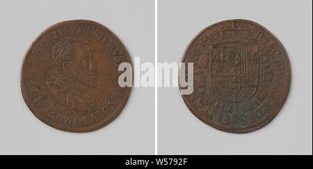 Philippe II, roi d'Espagne, calcul de la médaille du Conseil Supérieur des Finances, médaille de cuivre. A l'avant : le buste de l'homme à l'intérieur de l'intérieur. Inverse : blason couronné, suspendu à l'ordre de la Toison d'intérieur un enveloppement, Philippe II (Roi d'Espagne), Conseil des Finances, anonyme, 1587, cuivre (métal), frappant (métallurgie), d 2,9 cm × W 4,72 Banque D'Images