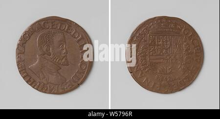 Philippe II, roi d'Espagne, le calcul du Conseil de l'unité Finances, jeton en cuivre. A l'avant : le buste de l'homme à l'intérieur de l'intérieur. Inverse : blason couronné, suspendu à l'ordre de la Toison d'intérieur un enveloppement, Philippe II (Roi d'Espagne), Conseil des Finances, anonyme, Anvers, 1593, cuivre (métal), frappant (métallurgie), d 2,9 cm × W 4,73 Banque D'Images