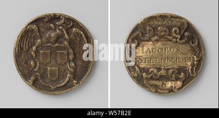 Saint Lucas guild of Amsterdam, jeton de guilde par Jacobus Steenbergen, peintre, médaille en laiton. Avant : boeuf ailé est titulaire d Lucasschild dans ses jambes. Inverse : cartouche avec l'inscription ci-dessous et les os du crâne, et l'année, avec cartouche cartouche ci-dessus avec la lettre S, Amsterdam, Jacobus Steenbergen, anonyme, 1726, le laiton (alliage), gravure, d 3,4 cm × W 15,97 Banque D'Images