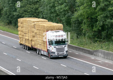 La réalisation de bottes de paille ; transport en vrac lourds des camions de livraison, camion, transport, camion, véhicule Scania, fret, livraison, transport, industrie, logistique, fret, sur la M6 à Lancaster, UK Banque D'Images