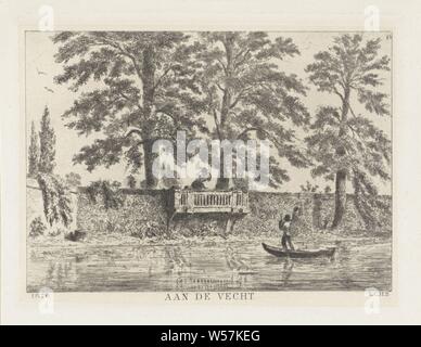 Conversation sur le mur du jardin Aan de Vecht (titre sur l'objet), une jeune femme se penche sur le jardin mur vers un homme debout dans un bateau à rames sur la Vecht, conversation, dialogue, morceau de conversation, Louis Charles Hora Siccama (mentionné sur l'objet), Utrecht, 1876, papier, pointe sèche, h 122 mm × W 160 mm Banque D'Images