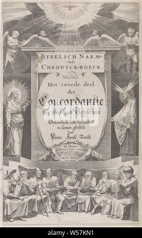 Page de titre de "Bible Bible et Chronicle Book, 1632 Bible Bible et Chronicle Book (titre sur l'objet), le Centre le titre du livre dans un cartouche. De chaque côté de l'intitulé Le Christ et Moïse. Au-dessus de la tete d'anges et l'Esprit Saint comme un pigeon. Sous le cartouche différentes figures de l'Ancien et du Nouveau Testament., Prophètes, sibylles, évangélistes, docteurs de l'Eglise, les personnes, la Bible (pas en contexte biblique), Christ, Moïse (pas dans le contexte biblique), attributs possibles : les rayons de lumière ou des cornes sur sa tête, Rod, Tables de la Loi, Saint-esprit représenté comme une colombe (en flammes) (angel (s Banque D'Images