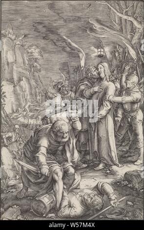 Capture de la Passion du Christ (titre de la série), le Christ est capturé par des soldats dans le jardin de Gethsémani. Judas l'embrasse sur la joue. Dans l'avant-plan Petrus Malchus tranche une oreille, Peter tire son épée et coupe l'oreille de Malchus, le baiser de Judas : accompagné par des soldats avec des torches et des lanternes, il embrasse le Christ, Ludovicus Siceram, Anvers, 1623, papier, gravure, h 193 mm × W 128 mm Banque D'Images