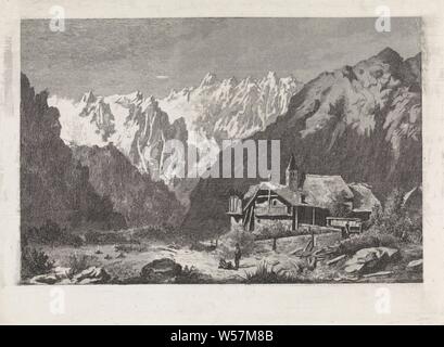 Vue sur le Col du Géant, vue sur le Col du Géant près de Courmayeur, Italie. Quelques maisons sont indiquées pour le Col du Géant, dont l'un dispose d'une tour. Il y a deux hommes à la maison. Dans l'arrière-plan vous pouvez voir le Col du Géant, le milieu des pics enneigés des montagnes, qui sont, de montagnes, pics de neige, village, Italie, Courmayeur, David van der Kellen (1827-1895), 1837 - 1885, le papier, pointe sèche, h 125 mm × W 169 mm Banque D'Images