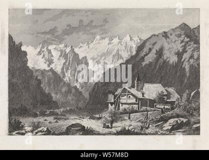 Vue sur le Col du Géant, vue sur le Col du Géant près de Courmayeur, Italie. Quelques maisons sont indiquées pour le Col du Géant, dont l'un dispose d'une tour. Il y a deux hommes à la maison. Dans l'arrière-plan vous pouvez voir le Col du Géant, le milieu des pics enneigés des montagnes, qui sont, de montagnes, pics de neige, village, Italie, Courmayeur, David van der Kellen (1827-1895), 1837 - 1885, le papier, pointe sèche, h 125 mm × W 169 mm Banque D'Images