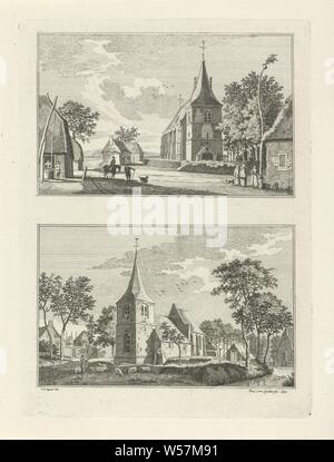 Le village en 1746 Hommersum et Hassum, village et la ville de Clèves (titre de la série), deux représentations d'une plaque. Vue sur le village allemand Hassum (ci-dessus) et Hommersum (ci-dessous), avec l'église. L'impression est partie d'une série de 100 avec vue sur les villages et les villes à Clèves, village, église (extérieur), Hassum, Hommersum, Paulus van Liender (mentionné sur l'objet), 1760, papier, gravure, h 199 mm × W 145 mm Banque D'Images