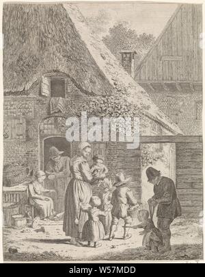 Les agriculteurs et les enfants à la ferme, ferme avec un homme s'appuyant sur une porte inférieure. Une femme est assise devant la porte et est l'alimentation des poulets. Sur le chemin en face de la ferme une femme avec quatre enfants, dont elle tient dans ses bras. Droit à l'avant-plan un homme avec un enfant sur une laisse, mère et enfant (s), femme et enfant (s) (groupe de famille), avec le père et l'enfant (s), homme et enfant (s) (groupe de famille), l'apprentissage de la marche, les premiers pas, Johannes Christiaan Janson, 1778 - 1823, le papier, gravure, h 209 mm × W 163 mm Banque D'Images