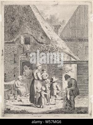 Les agriculteurs et les enfants à la ferme, ferme avec un homme s'appuyant sur une porte inférieure. Une femme est assise devant la porte et est l'alimentation des poulets. Sur le chemin en face de la ferme une femme avec quatre enfants, dont elle tient dans ses bras. Droit à l'avant-plan un homme avec un enfant sur une laisse. Spectacle a été édité même plus que les États-Unis, la mère et l'enfant (s), femme et enfant (s) de la famille (nombre d'enfants), le père et l'enfant (s), homme et enfant (s) (groupe de famille), l'apprentissage de la marche, les premiers pas, Johannes Christiaan Janson, 1778 - 1823, le papier, gravure, h 224 mm × W 176 mm Banque D'Images