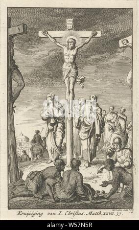 Crucifixion du Christ crucifixion du Christ I. Vingt scènes du Nouveau Testament (titre de la série), la crucifixion du Christ : la mort du Christ sur la croix, Calvaire (Matthieu 27, 5) : Marc 15 : 33-45, Luc 23 : 44-52, Jean 19 : 25-38), Jan Luyken (mentionné sur l'objet), Amsterdam, 1681, papier, gravure, h 123 mm × w 77 mm Banque D'Images