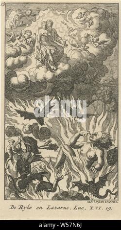 Vision de l'homme riche dans l'Enfer Le riche et Lazare vingt-quatre scènes du Nouveau Testament (titre de la série), dans l'enfer au paradis Lazare voit plongées, plongées habituellement pointant sur sa langue, anonyme, 1720, papier, gravure, h 126 mm × w 70 mm Banque D'Images