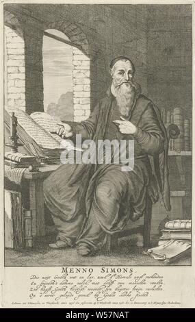 Portrait de Menno Simons, chef de l'universitaire, les Mennonites dans son étude, Menno Simons, Jan Luyken (mentionné sur l'objet), Amsterdam, 1681, papier, gravure, h 274 mm × W 175 mm Banque D'Images