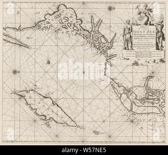 Carte Pass de la partie nord-ouest de la Mer Baltique avec la côte suédoise carte Pass pour une partie de la mer Baltique à partir de Schenkkenes à Stockholm. (Titre exact sur l'objet), passeport carte de la partie nord-ouest de la Mer Baltique avec la côte suédoise, avec deux rose, le Nord est à droite. Sur la droite un cartouche avec le titre, l'adresse de l'éditeur et l'échelle en Allemand, Espagnol et Anglais ou Français miles (échelle : ch. 1 : 450 000). Le titre est entouré par trois chiffres. Sur la gauche un forgeron avec un marteau, pinces et une lampe. Sur le titre est une femme Banque D'Images